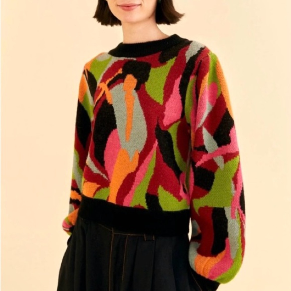NEW FARM Rio The Dance Multicolor Knit Sweater Abstract Colorful Tropical Size L